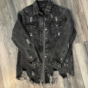 Longer-length distressed denim shacket